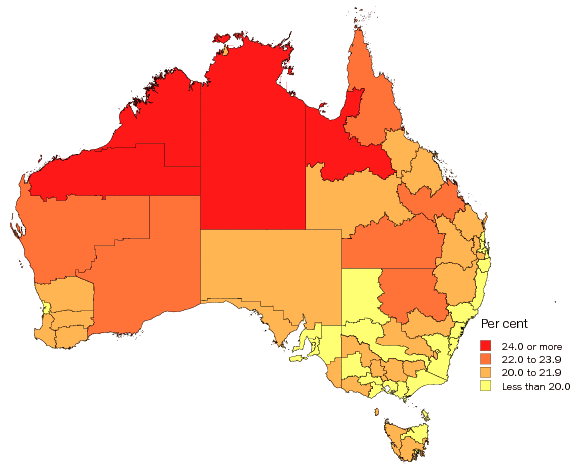Diagram: Population aged less than 15 years, Statistical Divisions, Australia, 2007