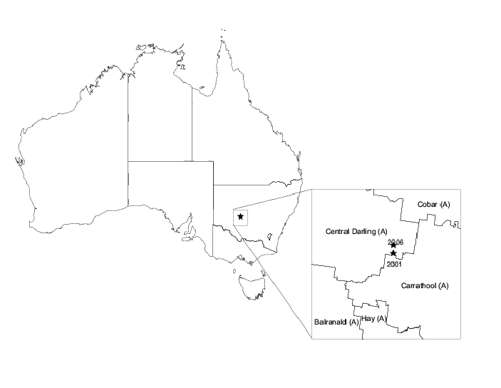 Diagram: Centre of Population, Australia—June 2001 and June 2006
