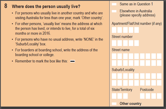Image: 2016 Household Paper Form - Question 8. Where does the person usually live?