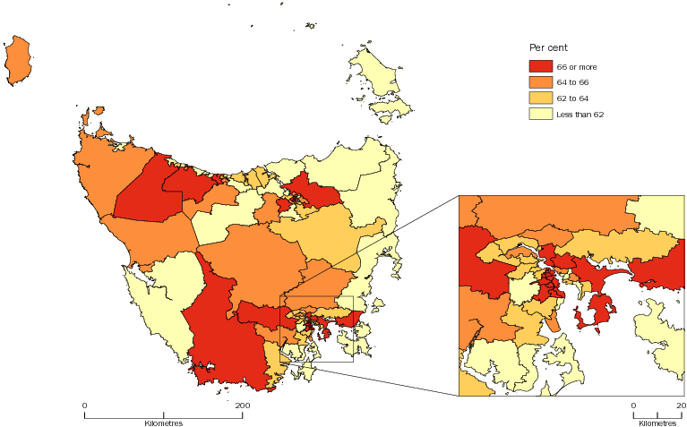 Diagram: WORKING AGE POPULATION (AGED 15–64 YEARS), Statistical Areas Level 2, Tasmania—30 June 2013