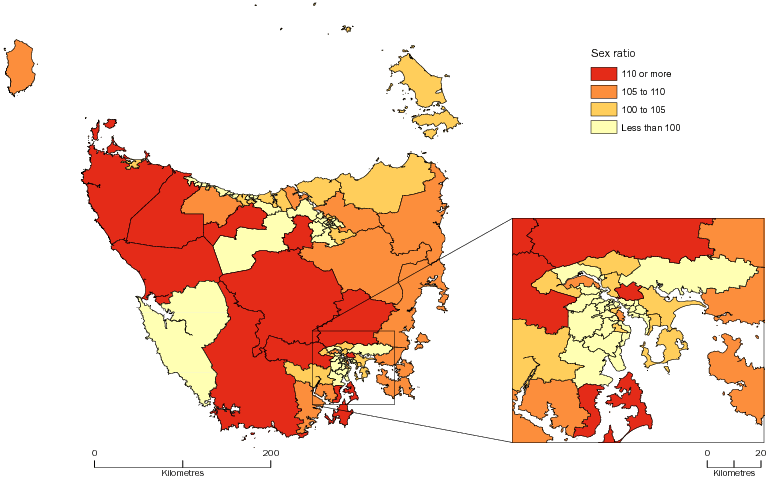 Diagram: MALES PER 100 FEMALES, Statistical Areas Level 2, Tasmania—30 June 2013