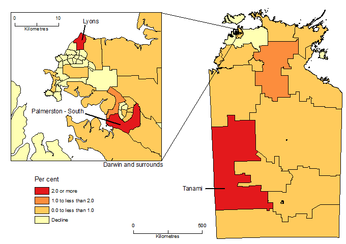 Image: Map showing Population Change by SA2, Northern Territory, 2017-18