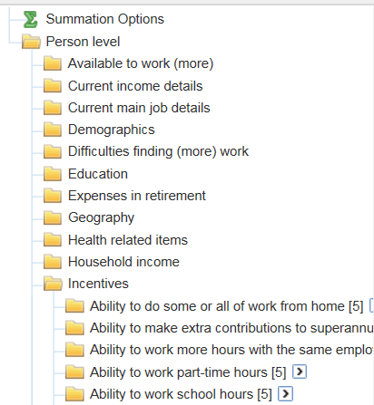 A screenshot of the data item list in TableBuilder