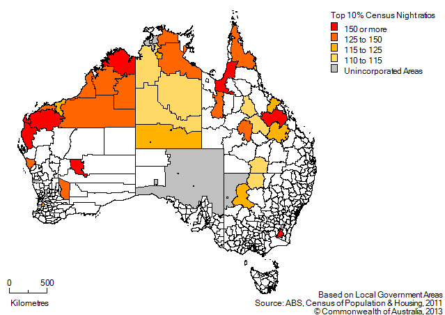 Map: High Census Night ratios, by LGA, Australia, 2011