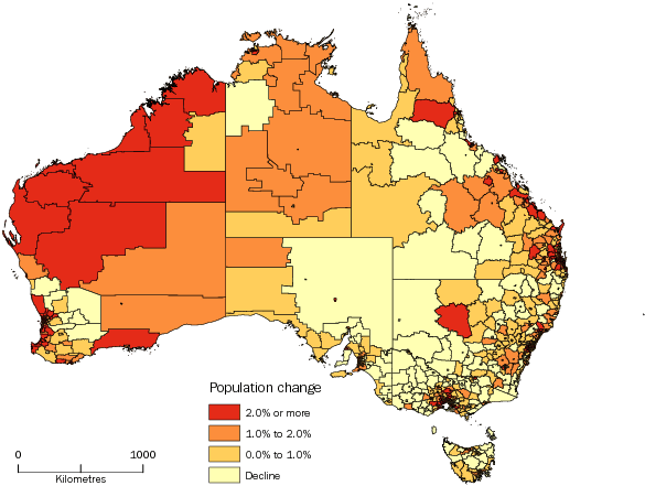 Diagram: POPULATION CHANGE BY SA2, Australia—2012–13