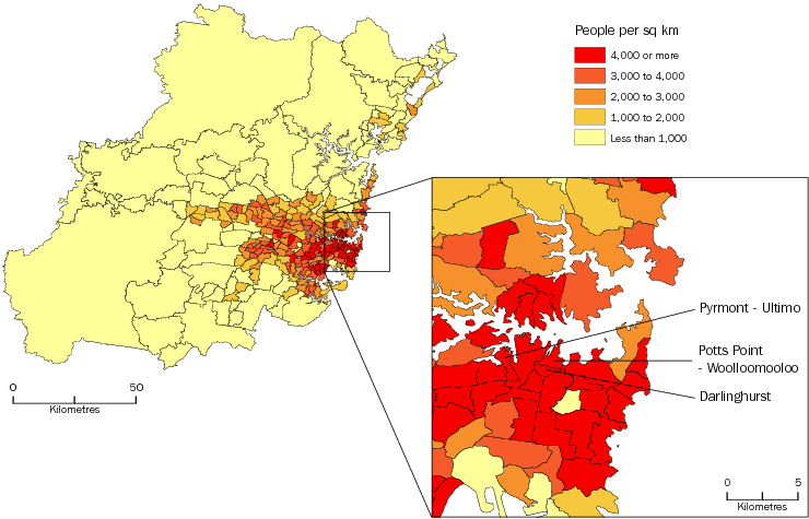 Diagram: POPULATION DENSITY BY SA2, Greater Sydney—June 2012