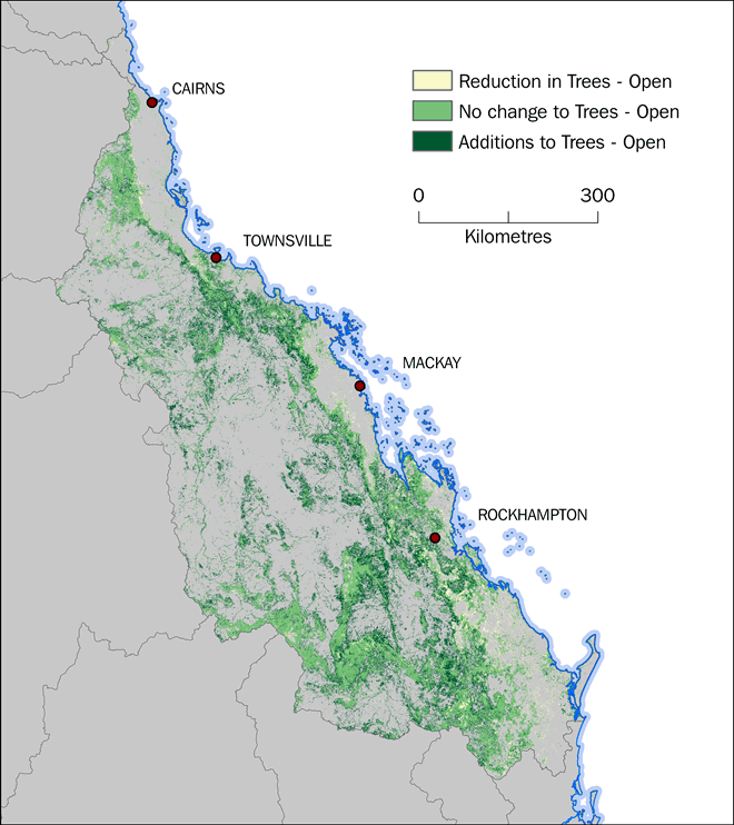 Map showing locations where the land cover class Trees - Open has increased, decreased or remained constant.