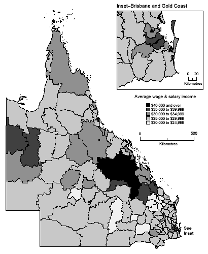 Map: Average Annual Wage and Salary Income, LGAs, Queensland, 2000-01