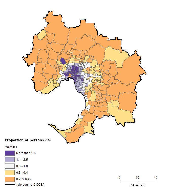 A map showing the proportion of people who bicycled to work in Greater Melbourne SA2s.