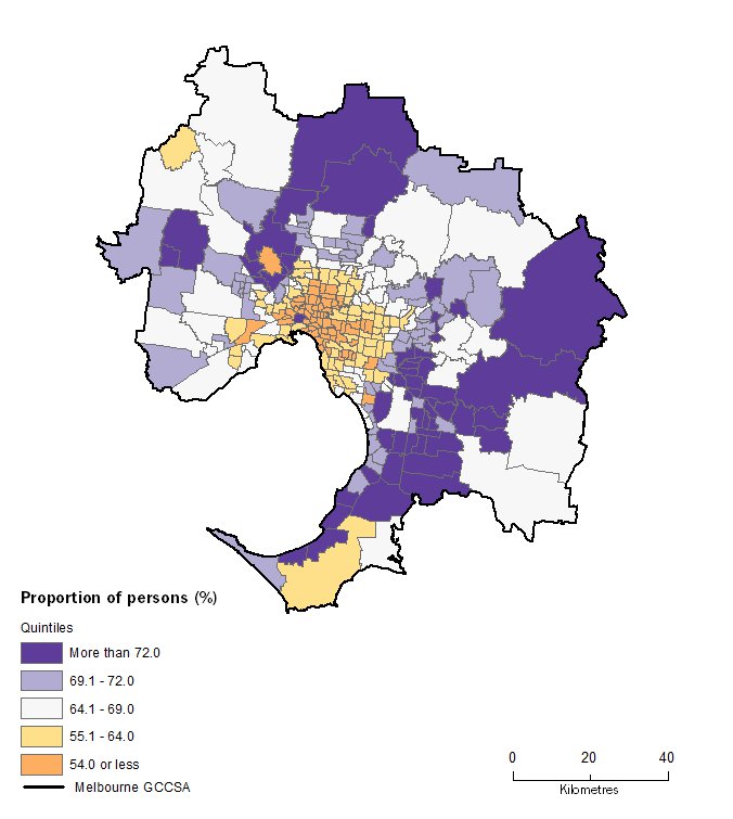 A map showing the proportion of people who drove a car to work in Greater Melbourne SA2s.