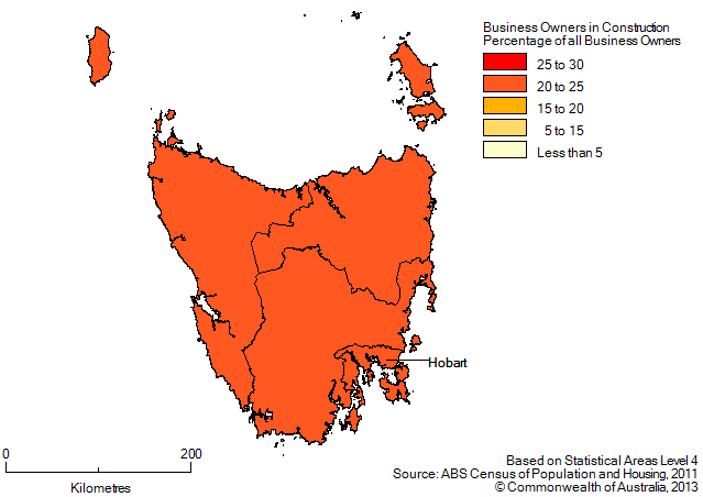 Map: PERCENTAGE OF BUSINESS OWNERS IN THE CONSTRUCTION INDUSTRY BY SA4(a), Tasmania - 2011