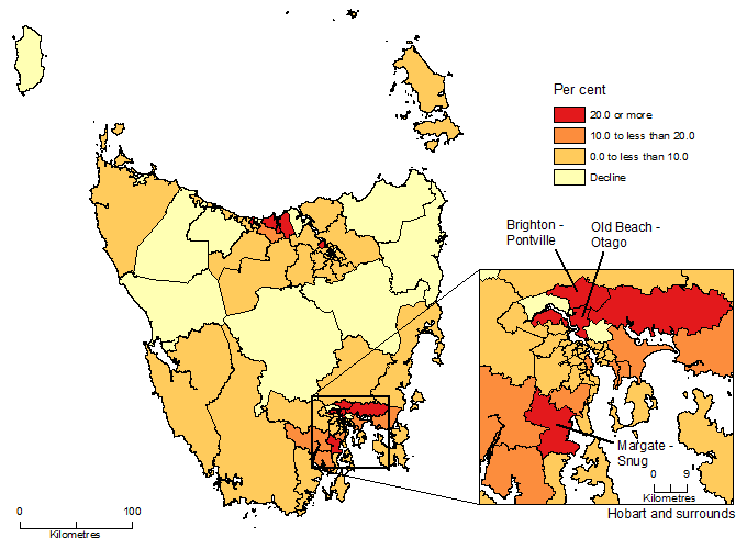 Map of Population change by SA2, Tasmania, 2006-16