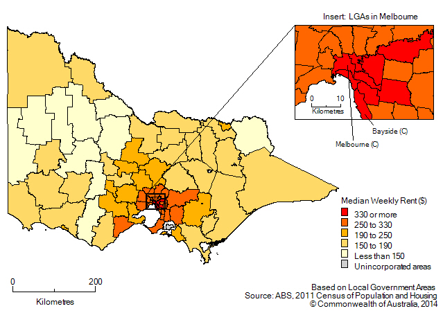 Map: Median weekly rental payment by local government area, Victoria, 2011