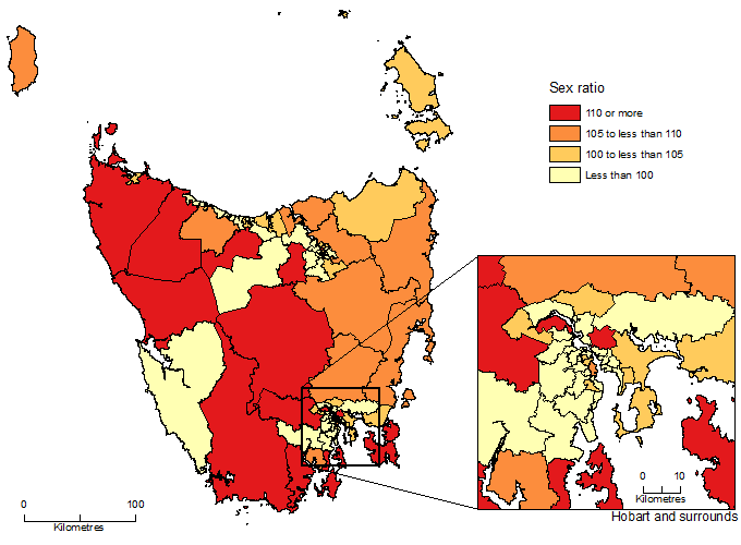 Image: Males per 100 Females, SA2, Tasmania - 30 June 2015