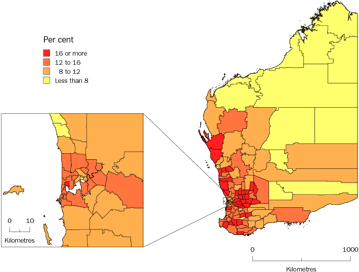 Diagram: POPULATION AGED 65 YEARS AND OVER, Statistical Local Areas, Western Australia—30 June 2010