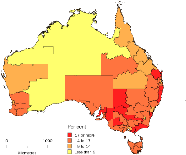 Diagram: POPULATION AGED 65 YEARS AND OVER, Statistical Divisions, Australia—30 June 2010
