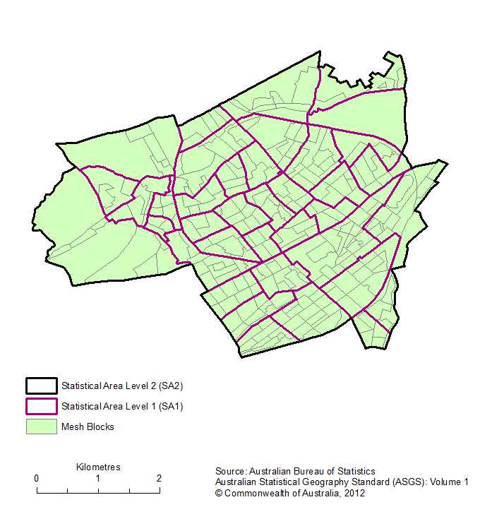 Image: Map showing Mesh Blocks and Statistical Area Level 1 boundaries in the Bendigo SA2