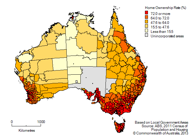 Map:Home ownership rates by LGA, Australia, 2011