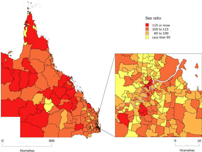 Diagram: MALES PER 100 FEMALES, Statistical Local Areas, Queensland—30 June 2009