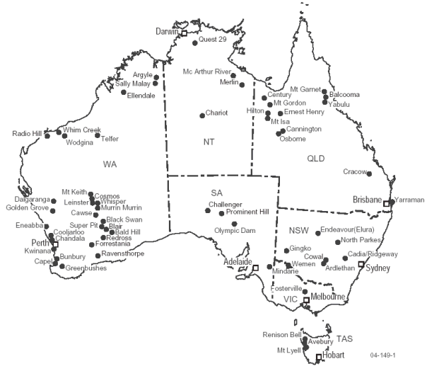 Map 16.28: SELECTED MINE SITES OF BASE AND PRECIOUS METALS, DIAMOND AND MINERAL SANDS - 2003