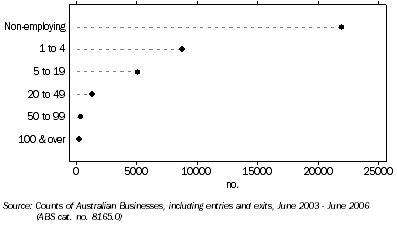 Graph: NUMBER OF BUSINESSES, by number of employees, Tasmania, June 2007