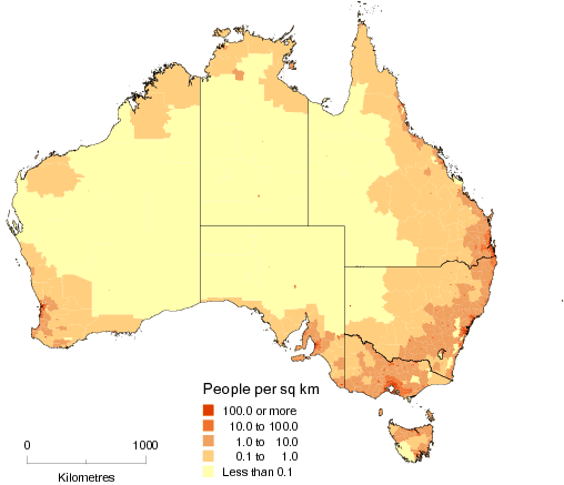 Diagram: POPULATION DENSITY BY SA2, Australia—June 2011