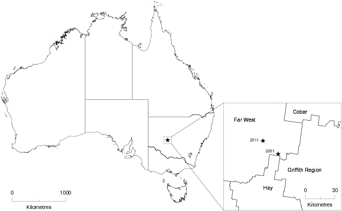 Diagram: CENTRE OF POPULATION, Australia—June 2001 and June 2011