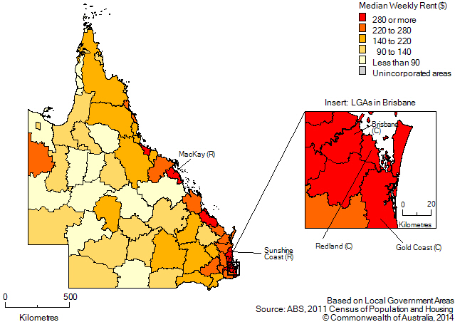 Map: Median weekly rental payment, by local government area, Queensland, 2011