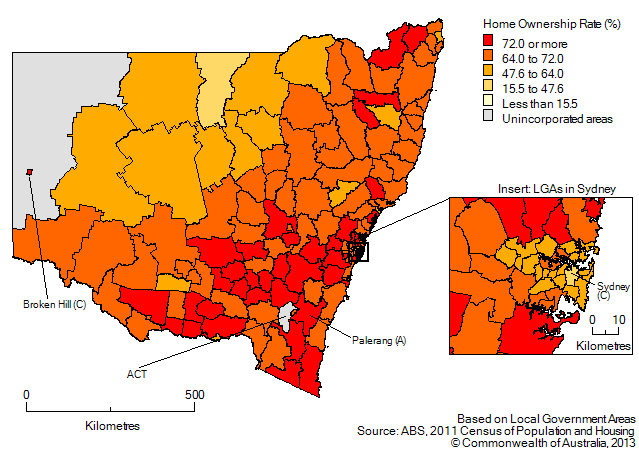 Map:Home ownership rates by LGA, New South Wales and Australian Capital Territory, 2011