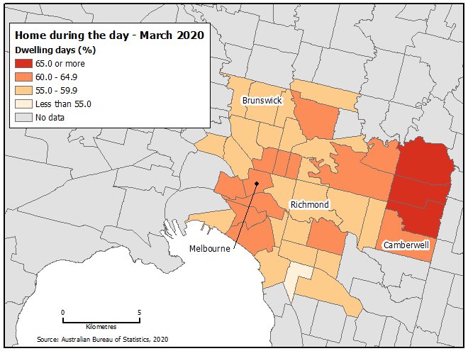 Map: This map is similar to the above, but for 2020. Areas near the CBD have noticeably more people staying home during the day, as does the Eastern areas. Across all areas, almost all have at least slightly more people staying home.