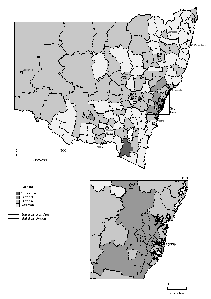 MAP: PROPORTION OF PERSONS AGED 15-24 YEARS BY SLA - NEW SOUTH WALES