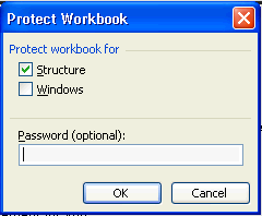 The protect workbook dialog from Microsoft Excel that shows the options to protect theworkbook for structure and windows. You can also specify a password