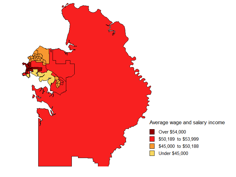 Map showing average Wage and salary incomes by SLA in the Darwin Statistical Division in 2008-09