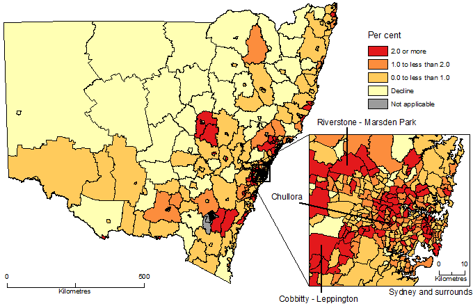 Image: Map showing Population Change by SA2, New South Wales, 2017-18