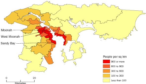 Diagram: POPULATION DENSITY BY SA2, Greater Hobart—June 2013