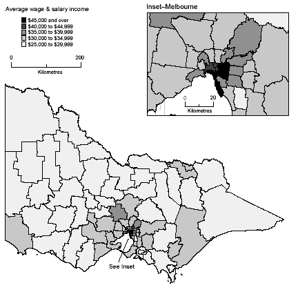 Map: Average Annual Wage and Salary Income, LGAs, Victoria, 2000-01