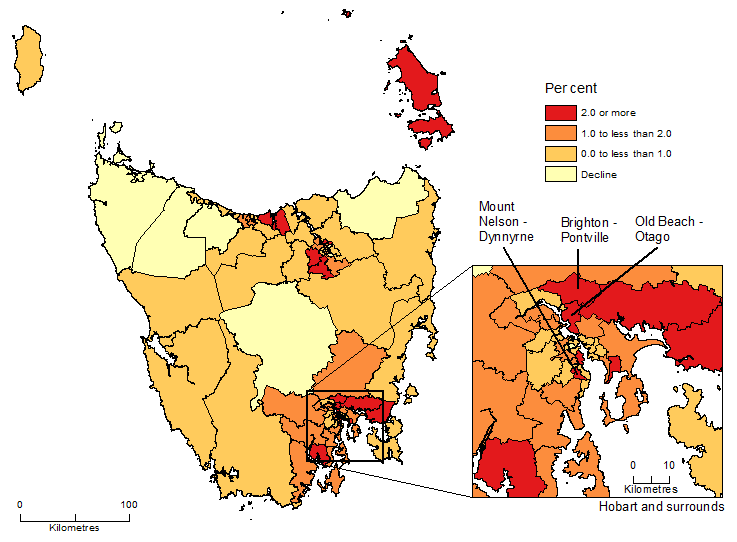 Image: Map showing Population Change by SA2, Tasmania, 2017-18