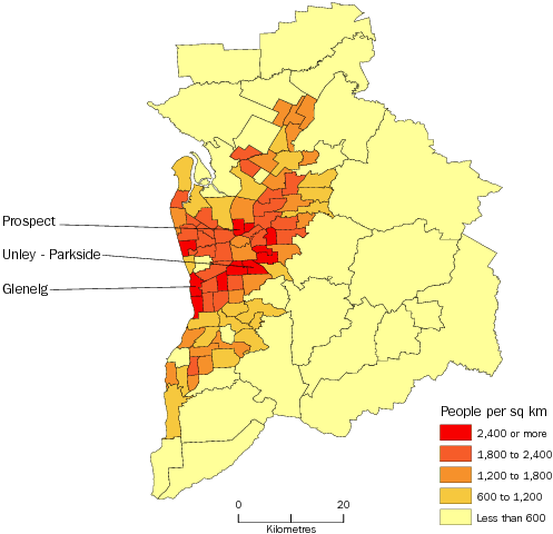 Diagram: POPULATION DENSITY BY SA2, Greater Adelaide—June 2013