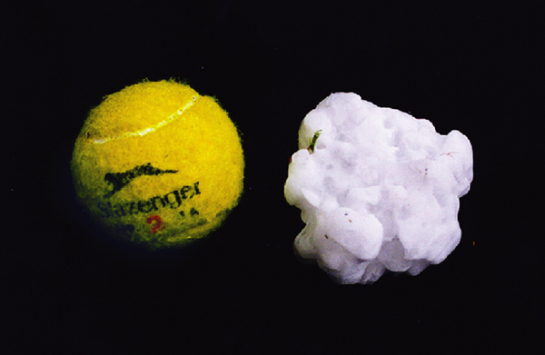 Photograph: Tennis ball sized hail, Sydney, April 1999.