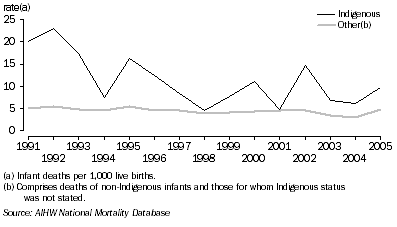 Graph: 6.18 Infant mortality rates - South Australia, by Indigenous status, 1991-2005