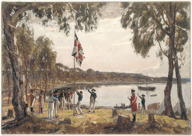 Oil sketch imagining the raising of the flag by Arthur Phillip at Sydney Cove.