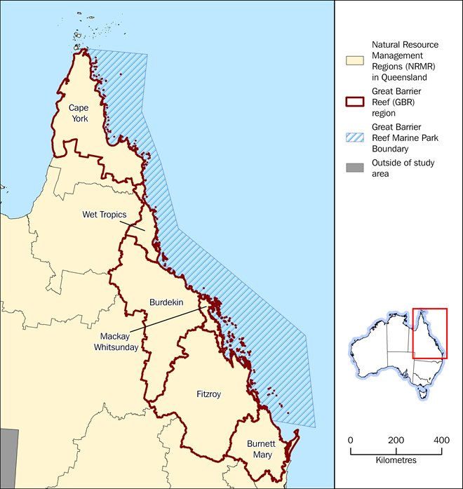Map: Reference map of Natural Resource Management Regions in the Great Barrier Reef region, including the Great Barrier Reef Marine Park boundary
