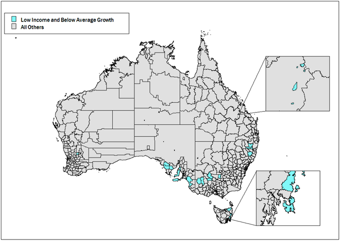 Map: Low Income and Below Average Income Growth Local Government Areas