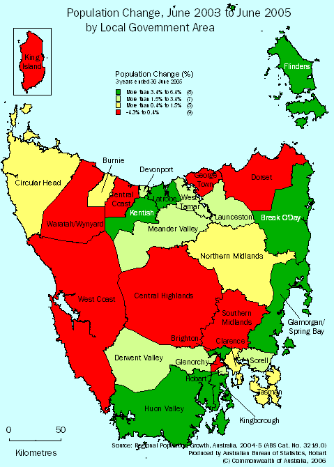 map: population change, June 2003 to June 2005 by local government area