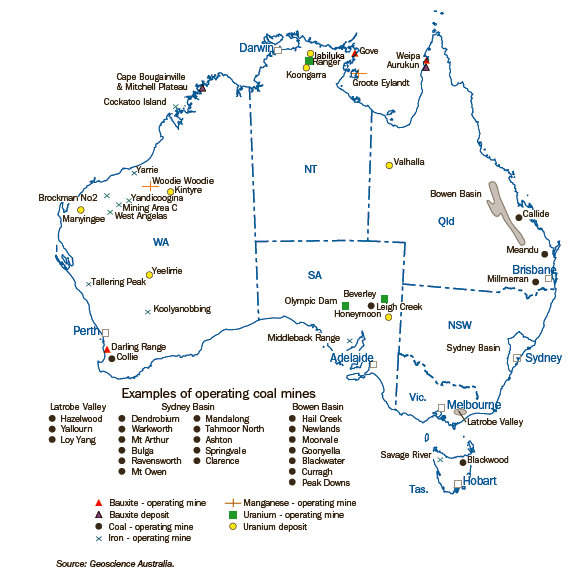 Diagram: 18.25 Selected mines and deposits of bauxite, coal, iron ore, manganese and uranium—2006