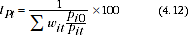 Equation: Restatement of the Paasche index as the inverse of the sumproduct of the expenditure share of item i in period t to the ratio of the inverse of the price relative