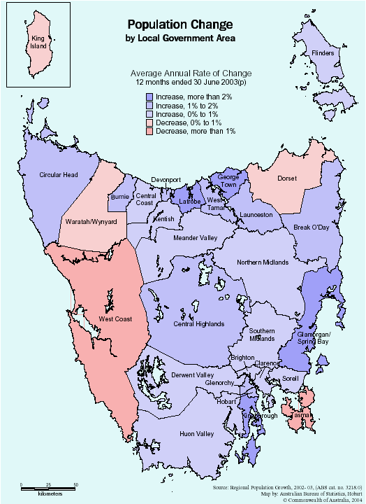 Map: POPULATION CHANGE, Tasmanian local government areas - 12 months ended 30 June 2003(p)