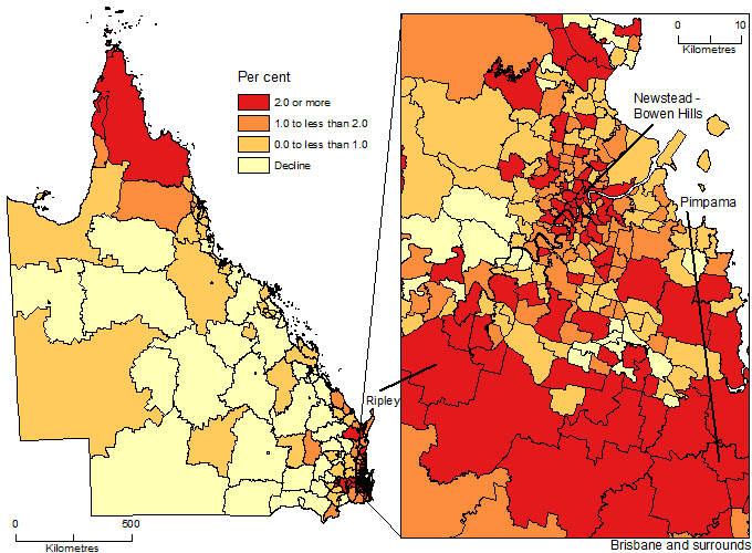 Image: Map showing Population Change by SA2, Queensland, 2017-18