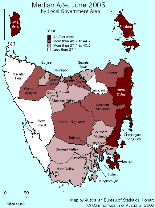 map: median age, June 2005 by local government area