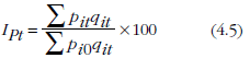 Equation: The Paasche price index is derived from the ratio of the total value of the basket in period t compared to the revalued basket from period 0 using prices quantities from period t..